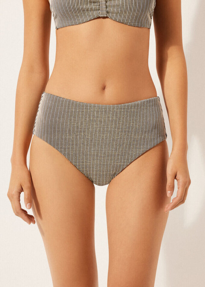 Bikinibottnar med hög midja och guldiga ränder Bikinibottnar med hög midja och guldiga ränder
