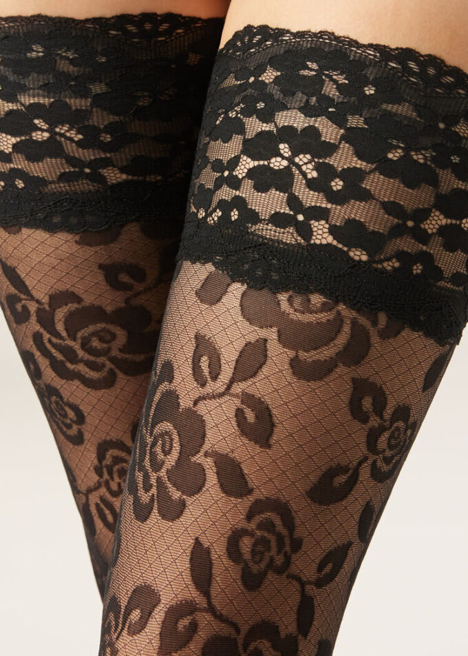 Sheer Floral Thigh High Stockings